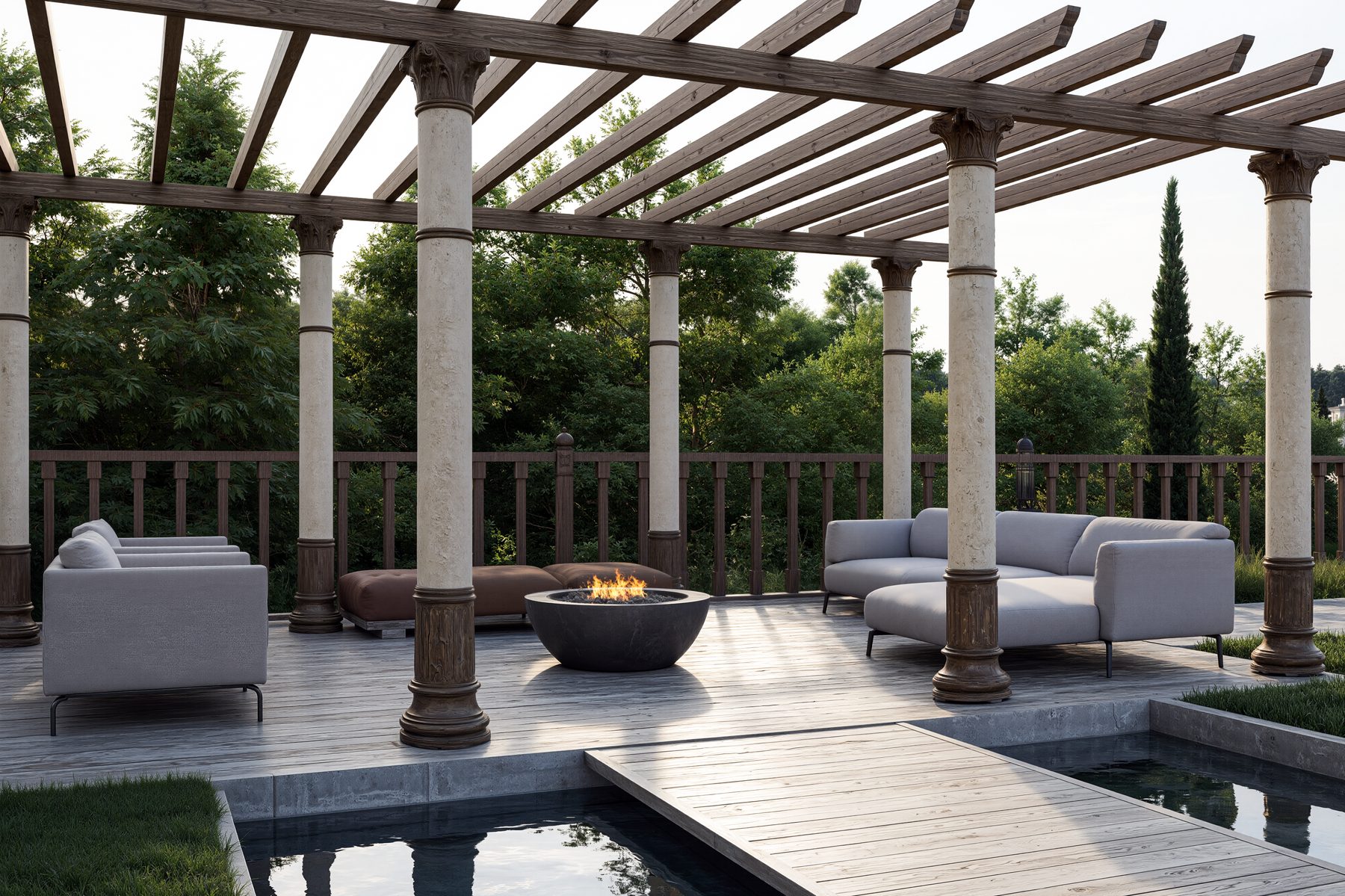 3D rendering of a pergola deck with fire bowl and lounge seating