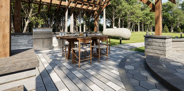 3D rendering of a dining table under a timber pergola on a paver patio