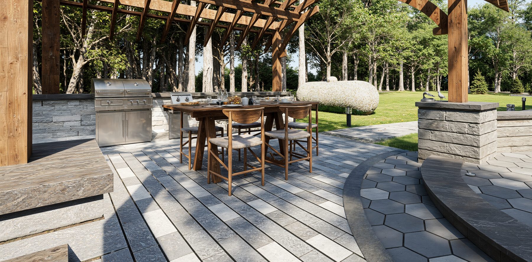 3D rendering of a dining table under a timber pergola on a paver patio