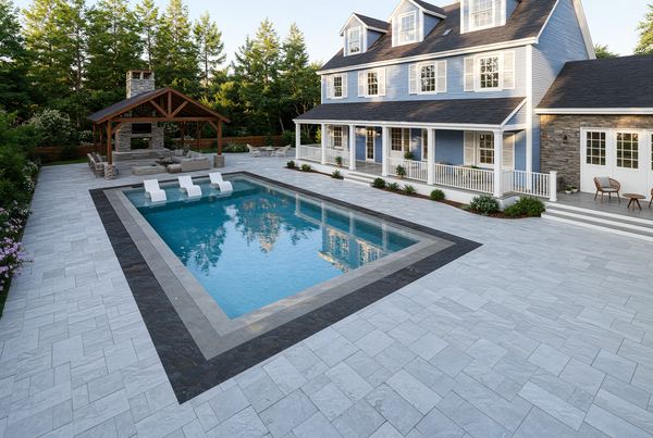 3D rendering of a backyard pool with paver border and pavilion in Concord NH
