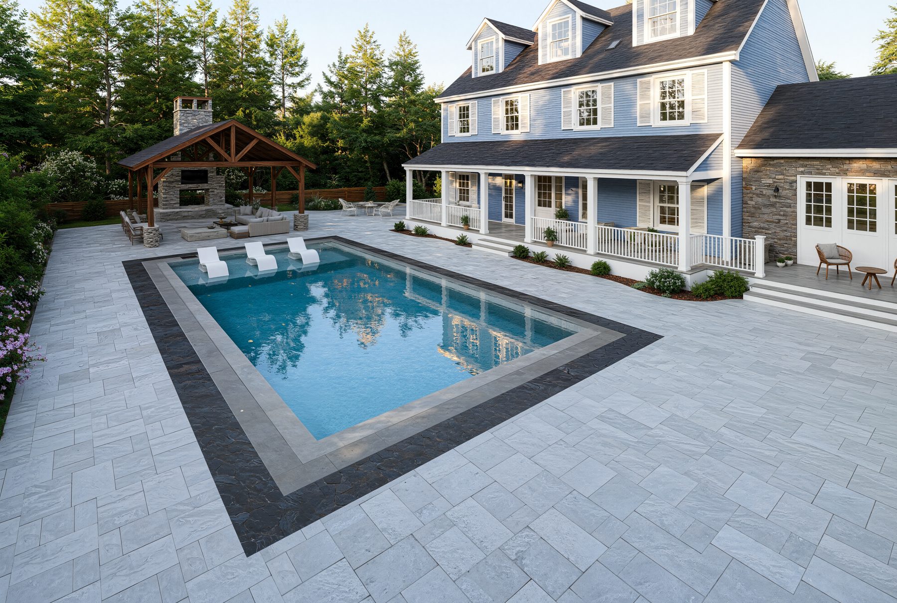 3D rendering of a backyard pool with paver border and pavilion in Concord NH