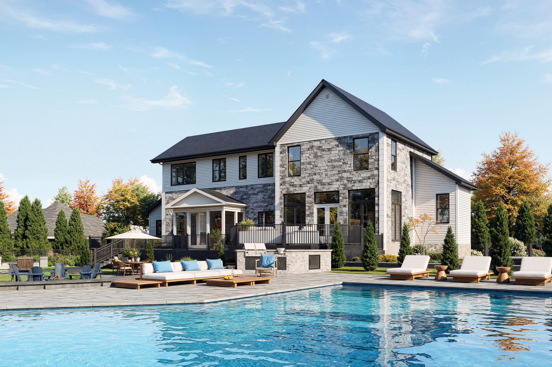 3D rendering of a backyard pool and patio behind a two-story home
