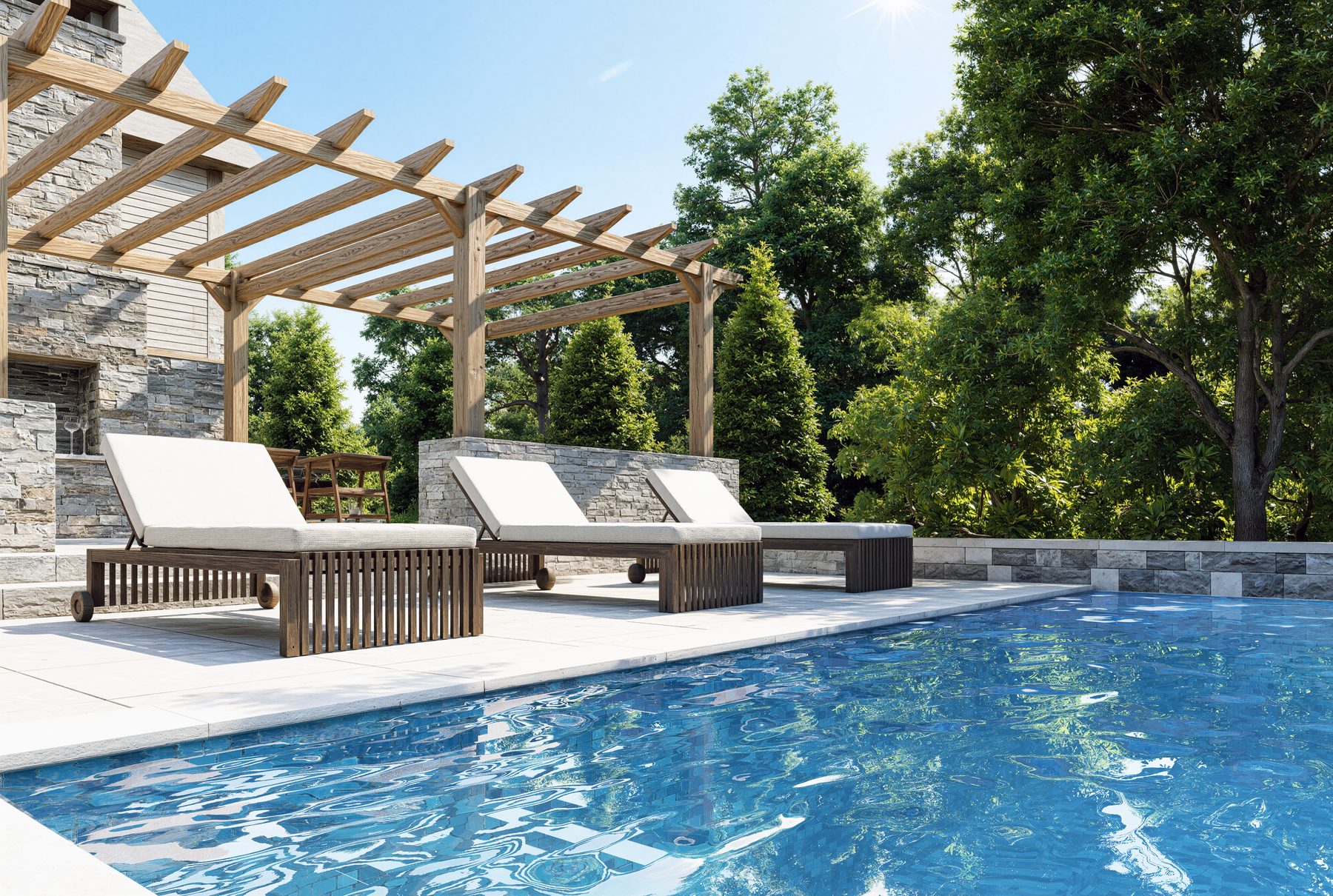 3D rendering of a pool with lounge chairs beside a timber pergola