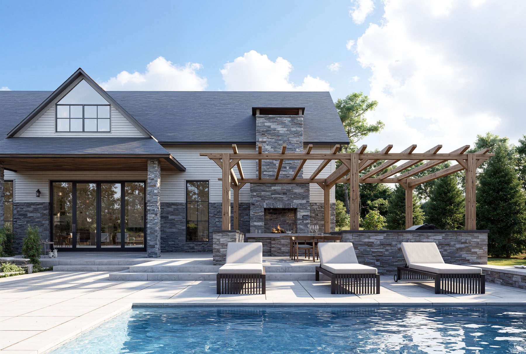 3D rendering of a backyard pool with timber pergola and stone fireplace