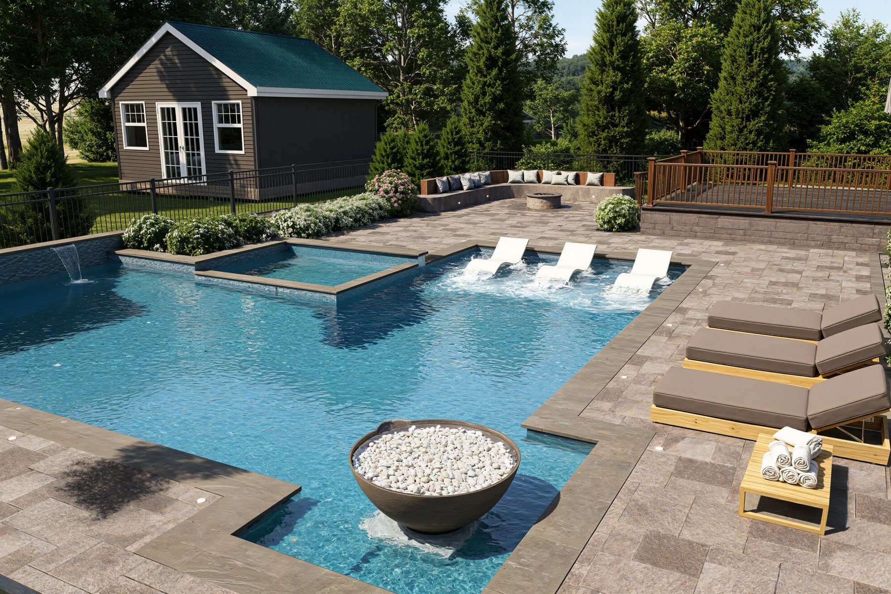 3D rendering of a pool with sun shelf loungers, fire bowl and pool house