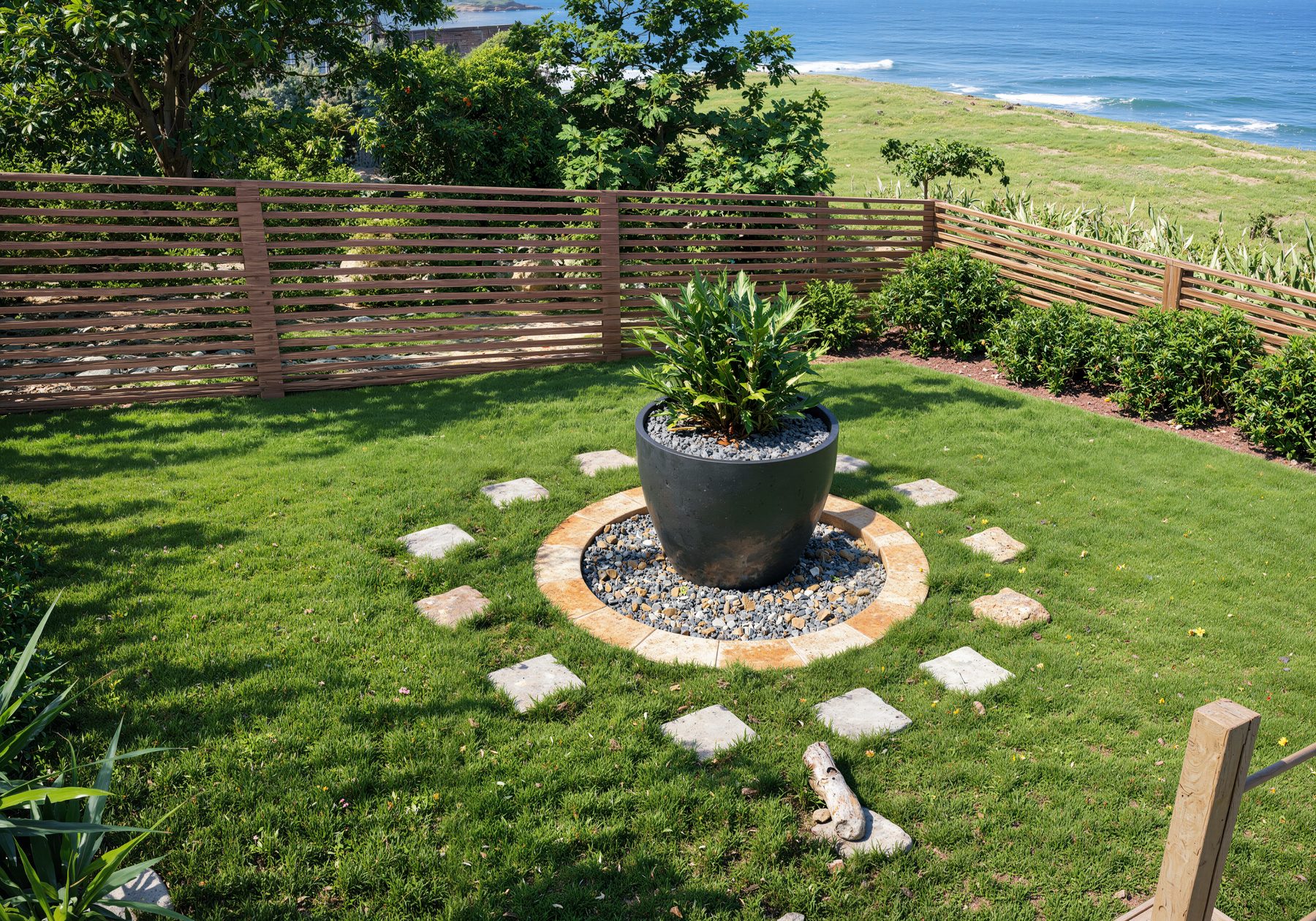3D rendering of a stepping stone circle and planter on a lawn