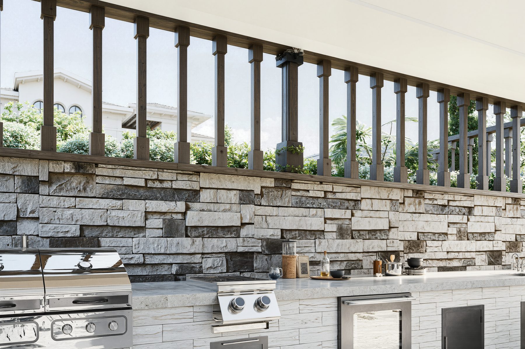 3D rendering of a stone veneer outdoor kitchen with built-in grills in Concord NH