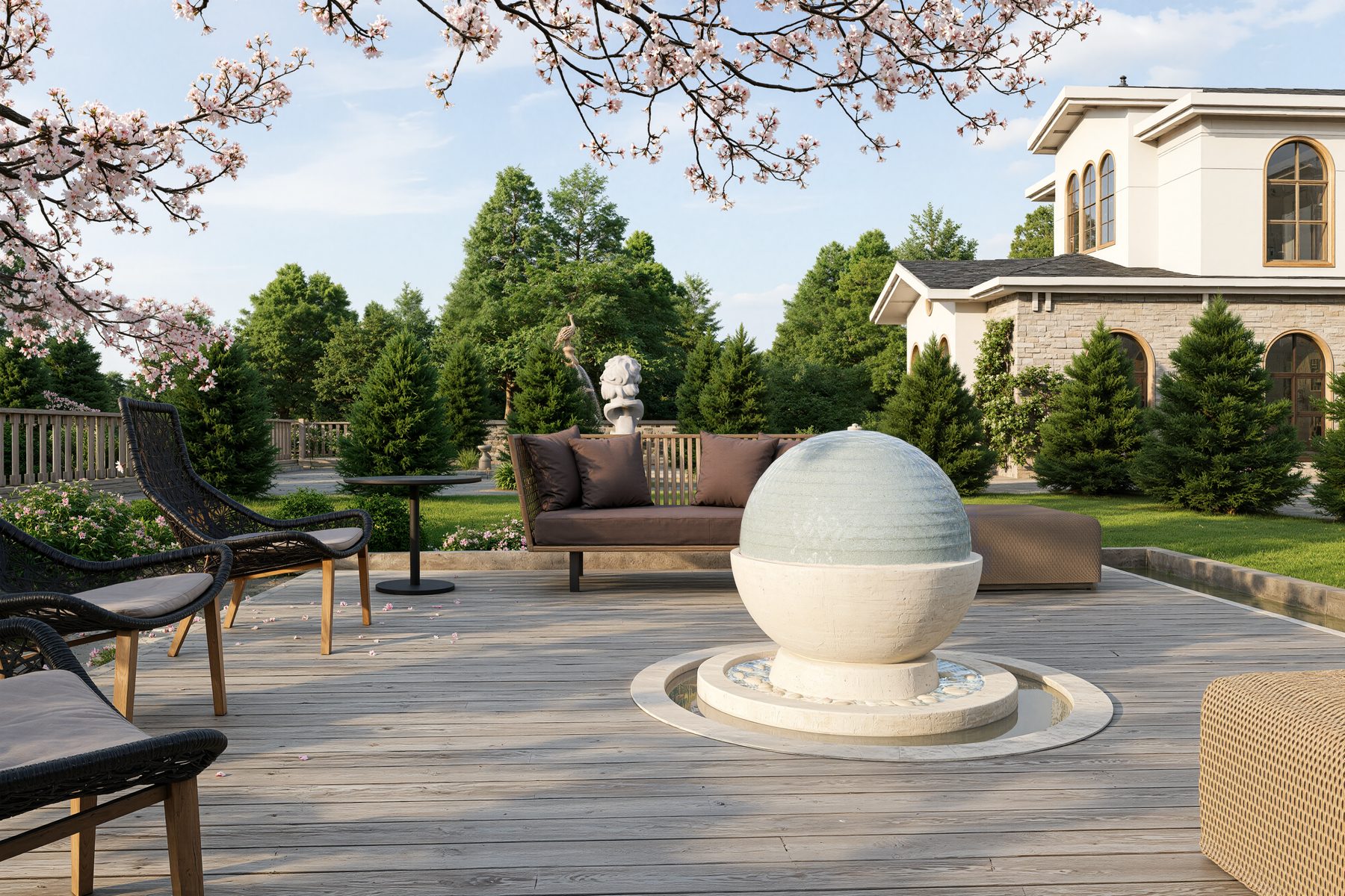 3D rendering of a patio with a stone sphere water feature and lounge seating