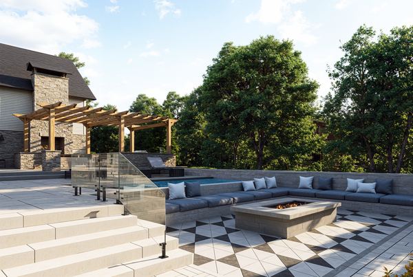 3D rendering of a sunken fire pit lounge with wide steps and pergola