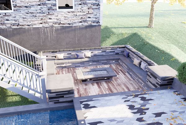 3D rendering of a sunken deck lounge with railing beside a pool
