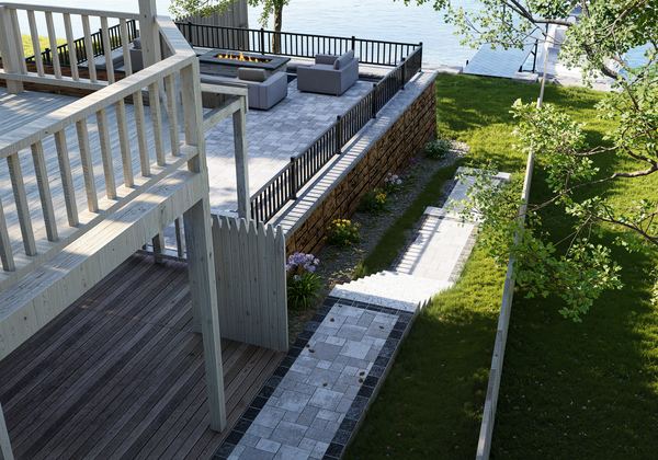3D rendering of a terraced yard with deck, retaining wall and stone steps