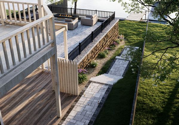 3D rendering of a terraced yard with retaining walls, deck and stone steps