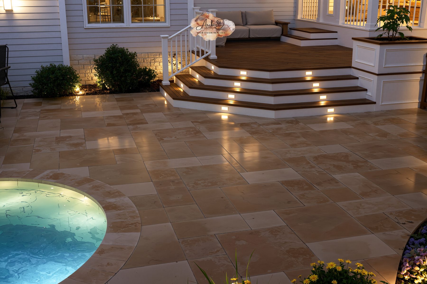 3D rendering of a travertine patio with illuminated steps beside a pool