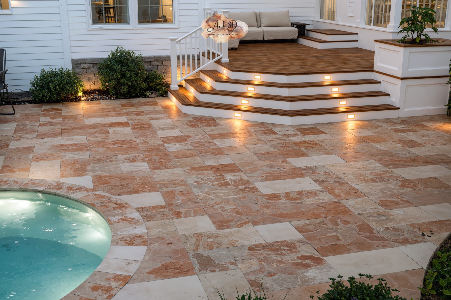 3D rendering of a travertine patio with lit steps and a spa