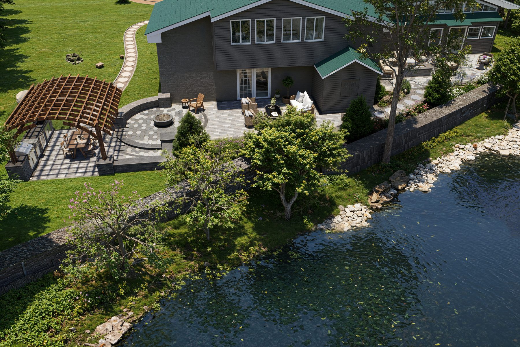 Aerial 3D rendering of a waterfront backyard with pergola patio in Concord NH