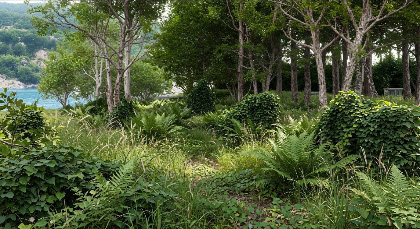 Before: 3D rendering of a wooded lakefront site before patio design