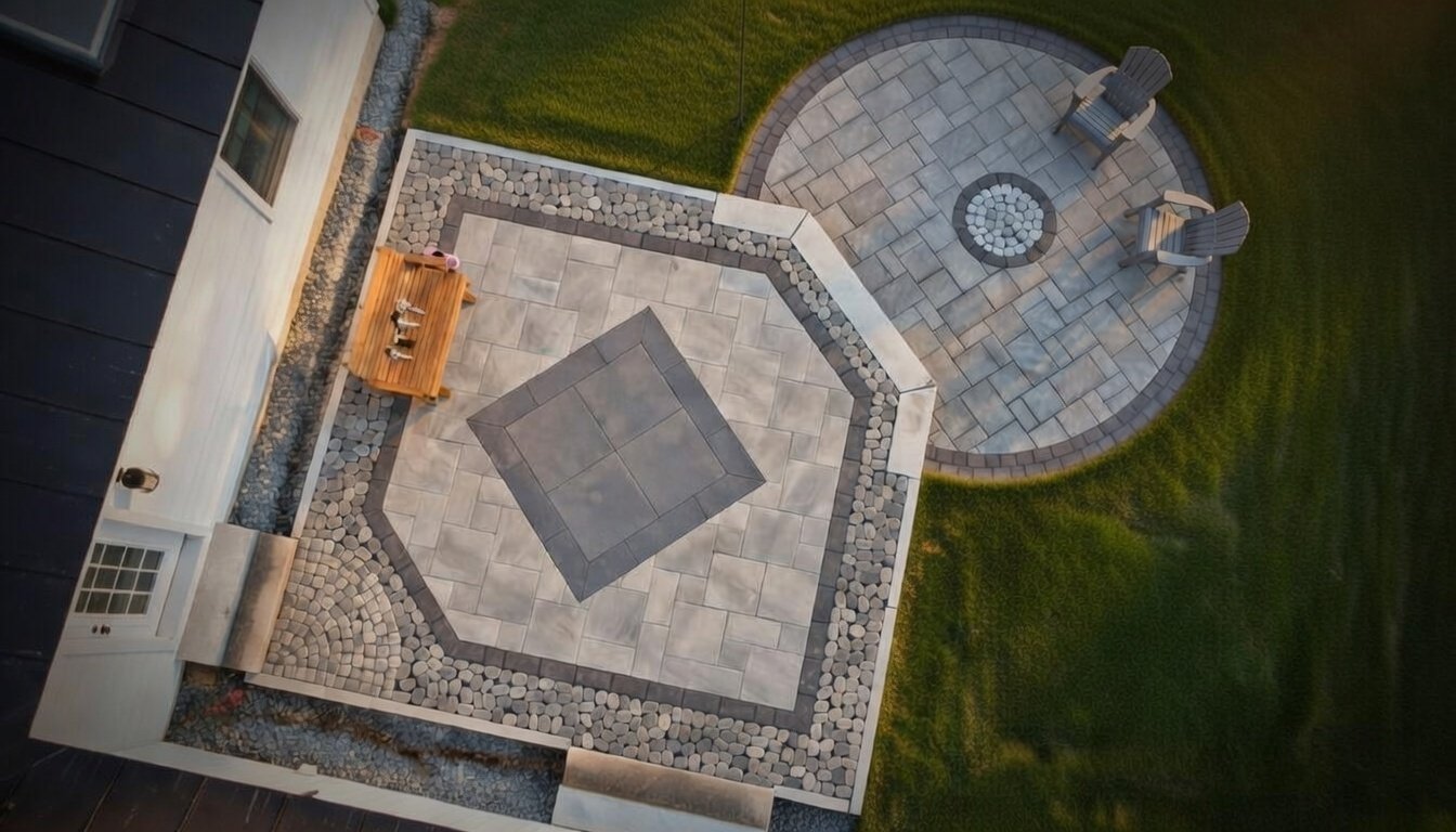 Aerial view of a paver patio with diamond inlay and adjoining circular patio in Concord, NH