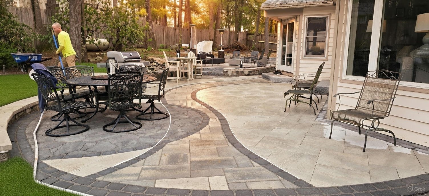 Curved two-tone paver patio off the back of a home in Concord, NH