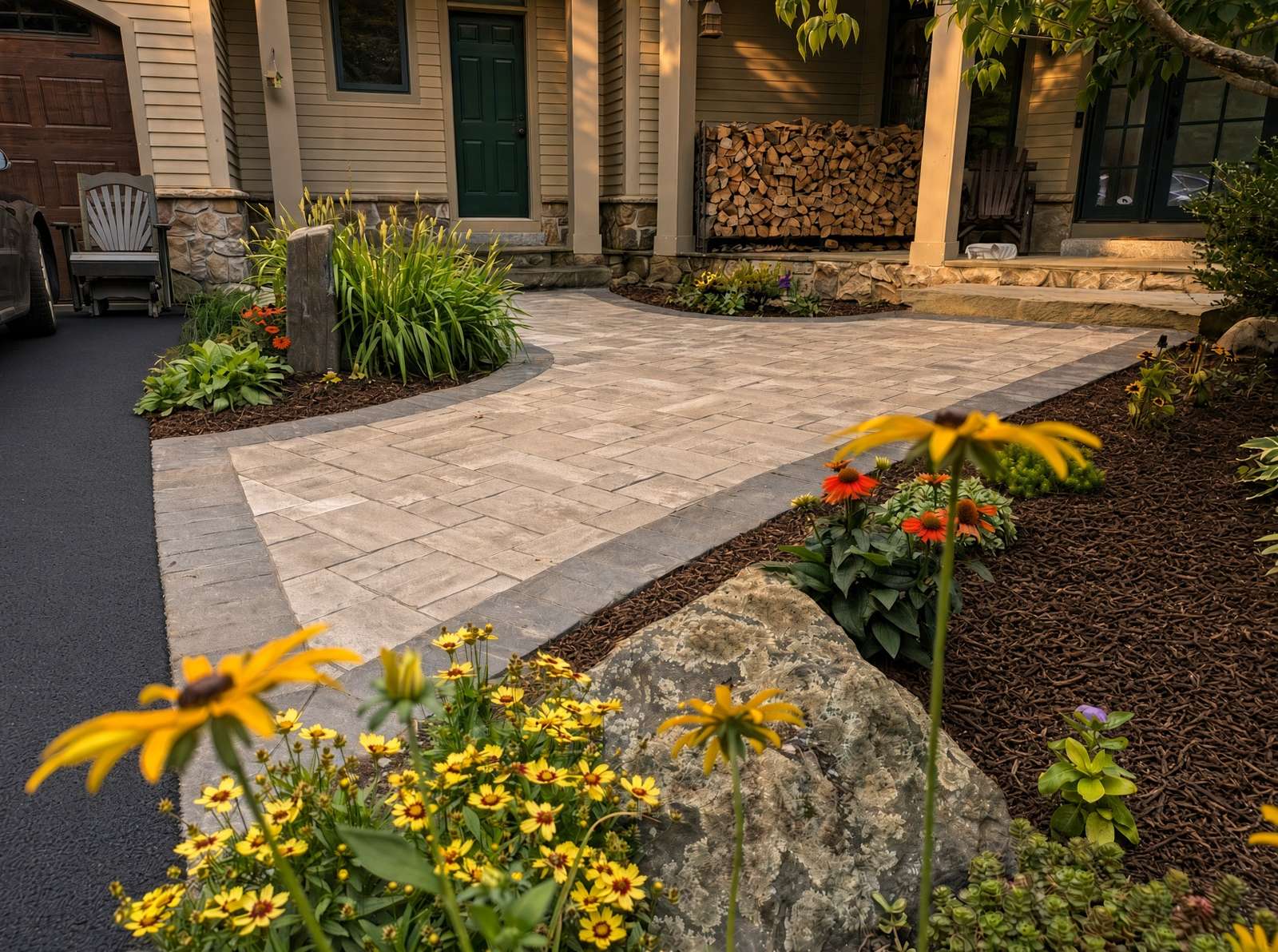 Paver entrance walkway with boulder and flower plantings in Concord, NH