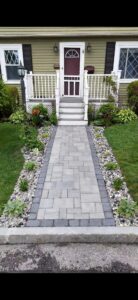 Before and after paver front walkway to porch by Globe Green in the Concord, NH area