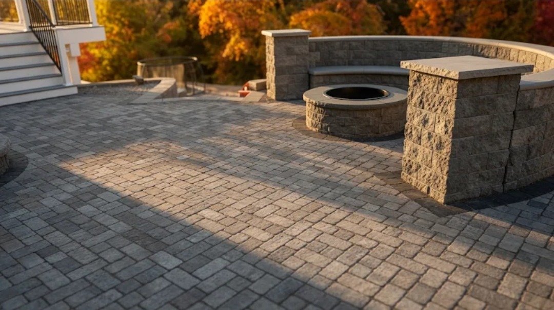 Paver patio with stone fire pit, curved seat wall and pillars in fall, Concord, NH