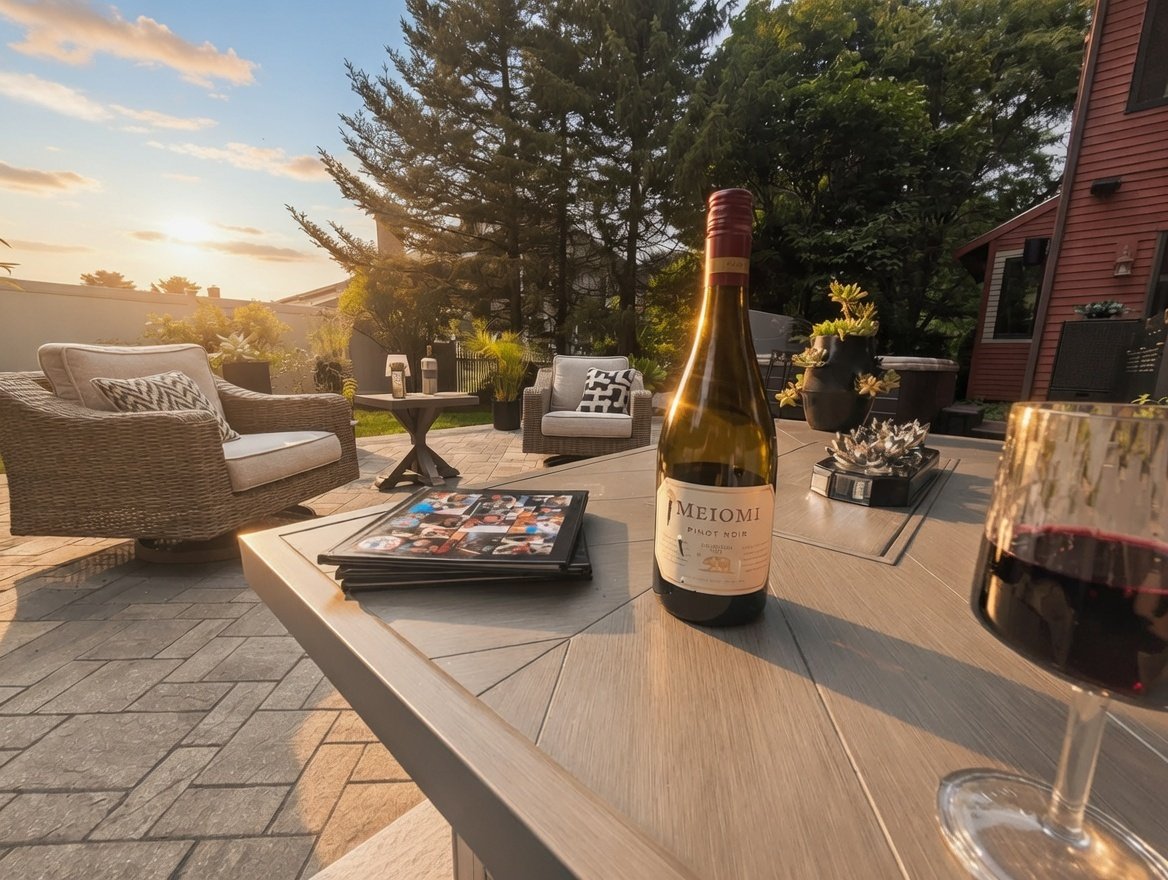 Paver patio with outdoor dining and seating at sunset in Concord, NH