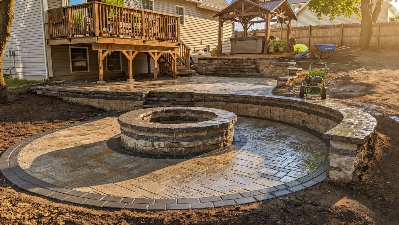 Sunken paver patio with round stone fire pit and seat wall below a deck in Concord, NH