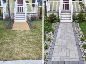 Before and after: grass path replaced with a paver walkway to front steps, Concord, NH area
