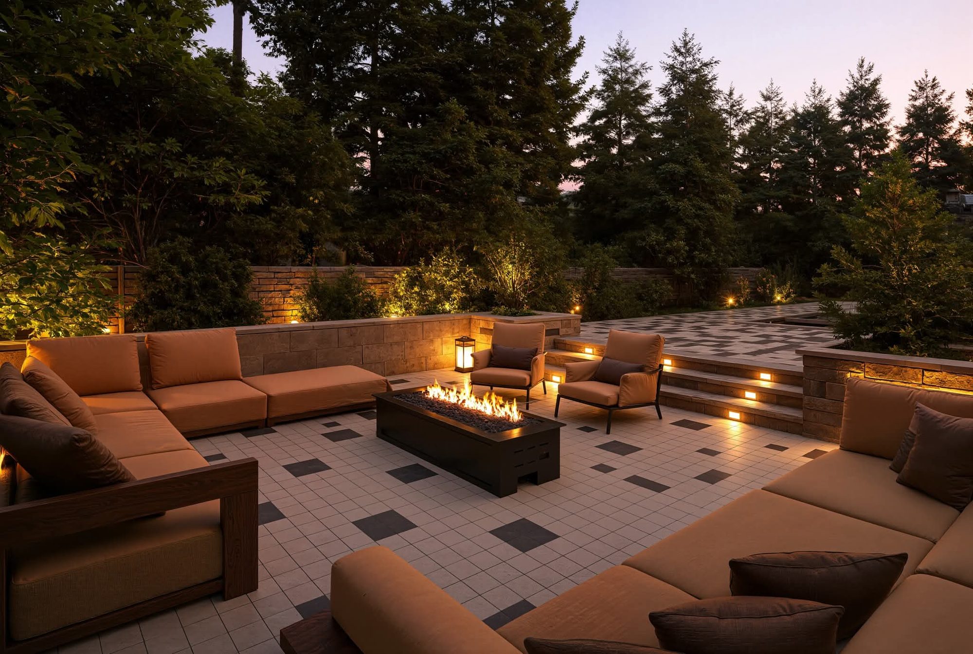 3D design rendering of a sunken patio with fire pit and night lighting